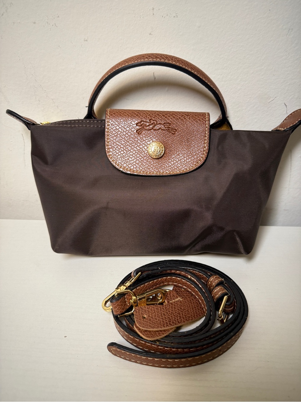 Longchamp Mini Top-Handle Crossbody in Dark Brown with Tan Trim